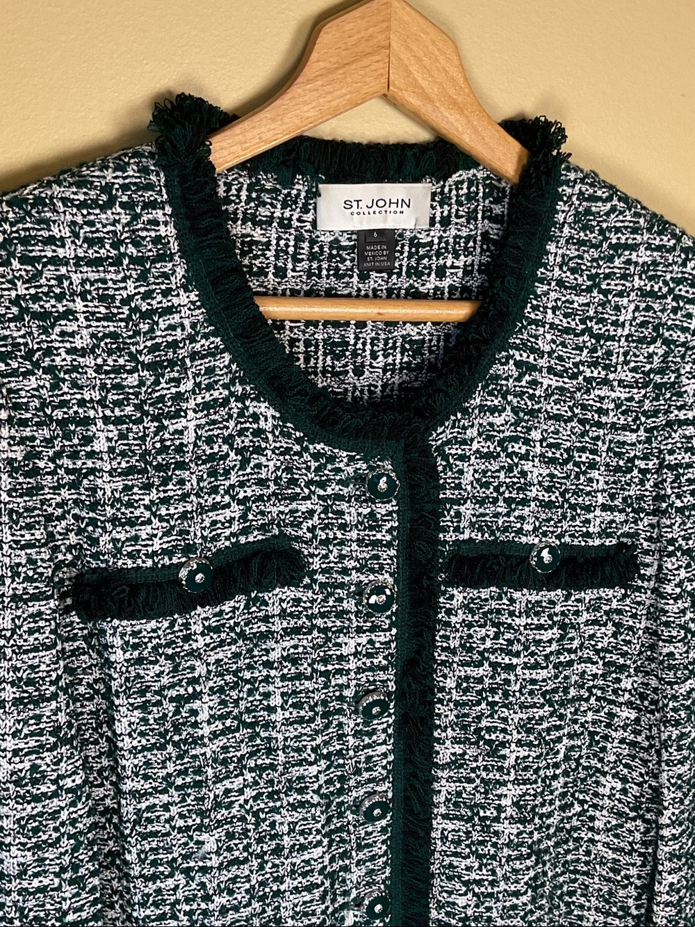 St. John Collection Green & White Tweed Fringe-Trim Cardigan Jacket